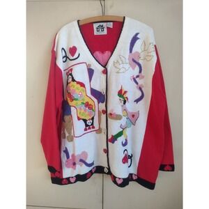 Vtg Storybook Knits Cardigan Sweater Sz 2X Queen Of Hearts Valentine's Day Cards